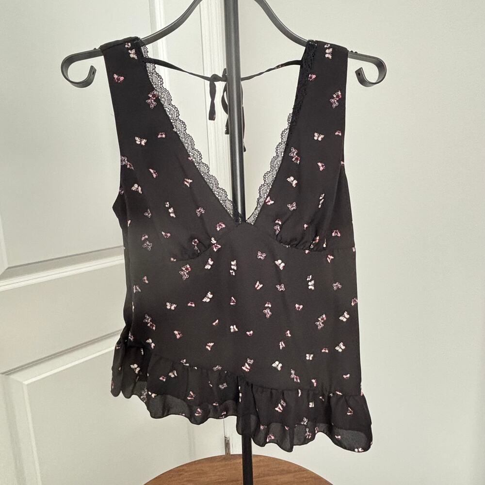 Black Butterfly Print Sleeveless Ruffle Tank Top Women's Small NWT